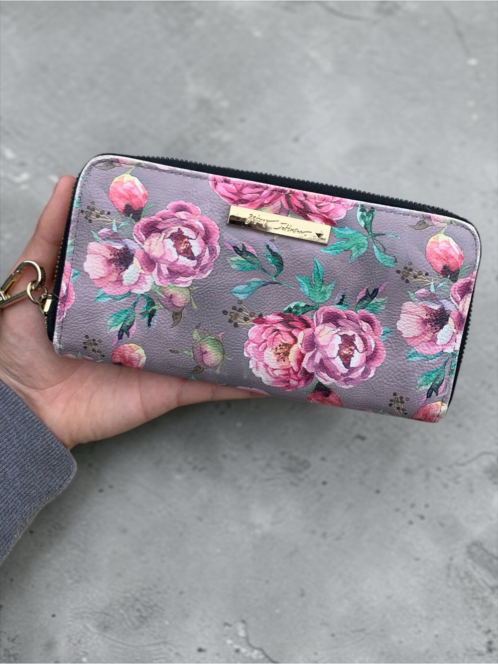 Betsey Johnson Floral Zip-Around Wallet Wristlet with Pink Roses